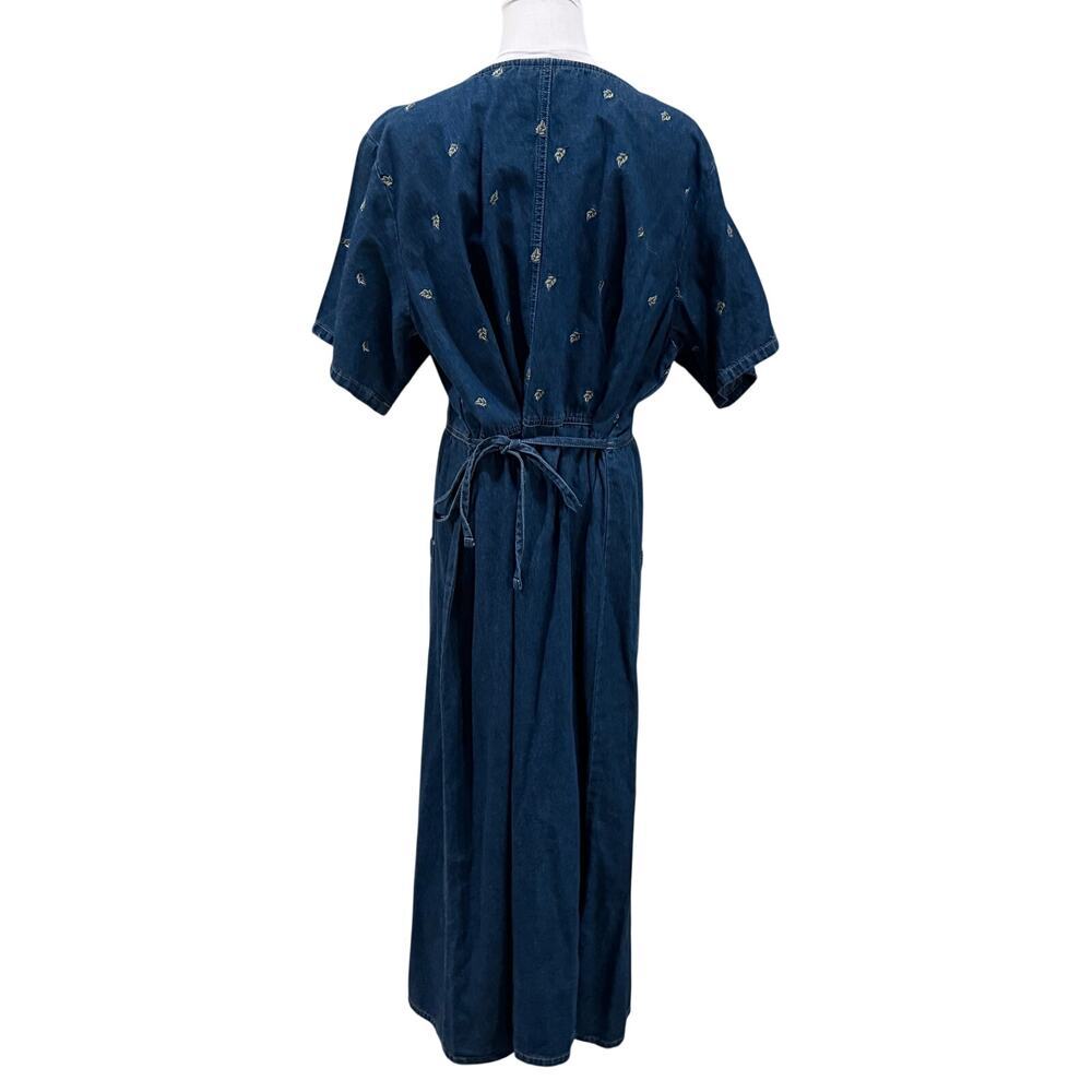 Vintage Erika Co Embroidered Chambray Denim Midi Dress 1X Cotton Cottage Modest - Picture 3 of 12